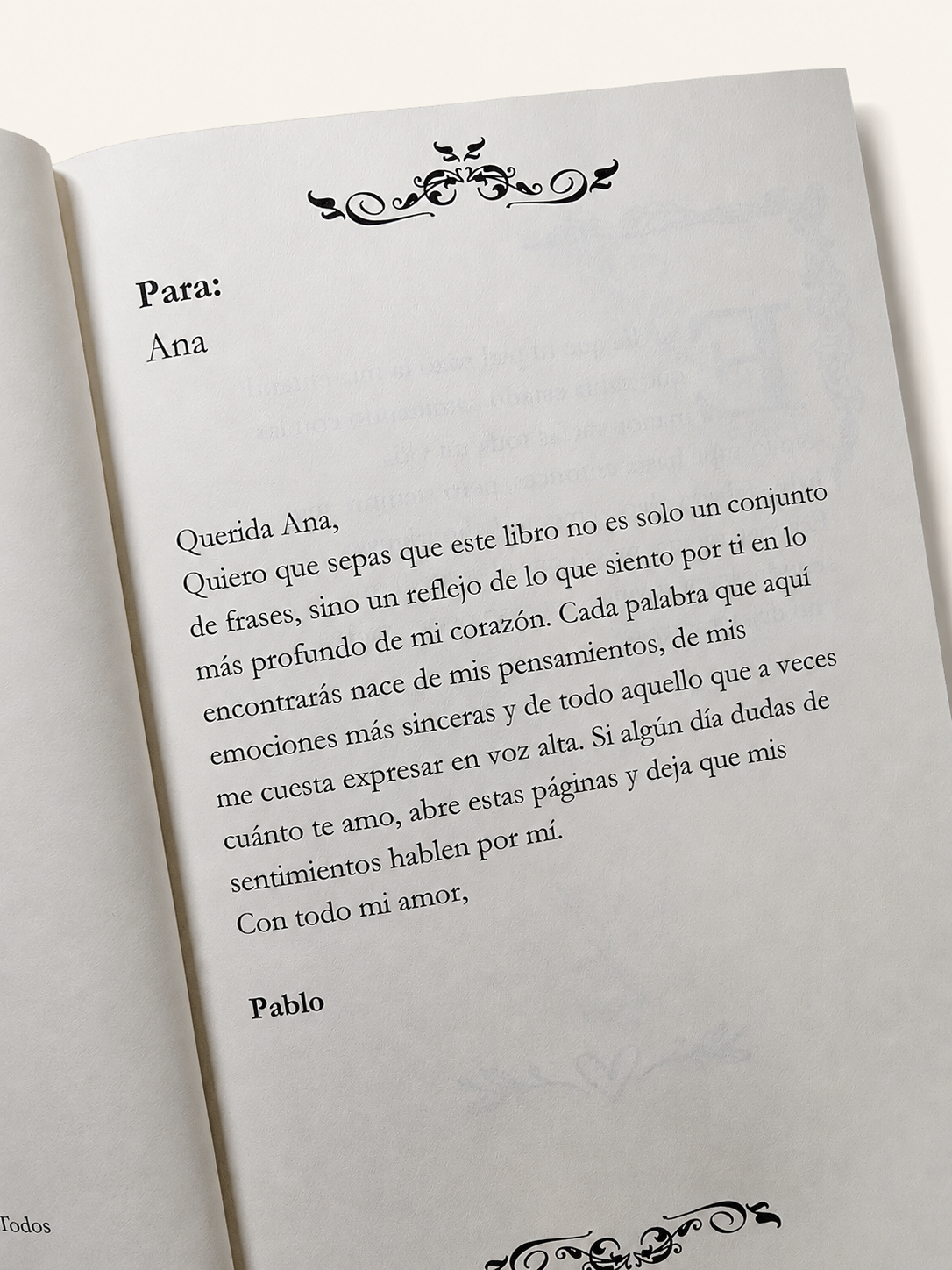 Dedicatoria impresa dentro del libro